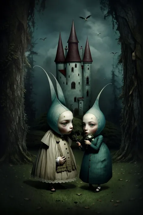 Hay dos personajes de dibujos animados parados frente a un castillo, Anton Semenov, Estilo Alexander Jansson, Inspirado en Nicoletta Ceccoli, por Nicoletta Ceccoli, inspirado por Alexander Jansson, Beeple y Jeremiah Ketner, por Alexander Jansson, Surrealis...