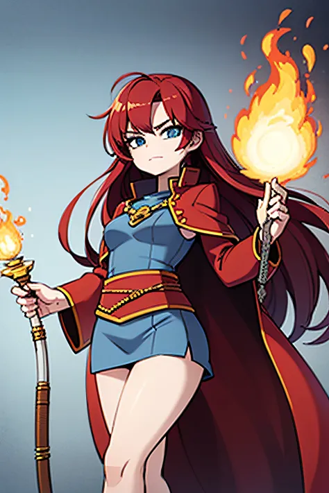 1 girl, red hair, five feet tall, long wizard clothes, using a staff, light blue eyes, with five fingers, small breasts, medium thighs, and fire magic, two legs