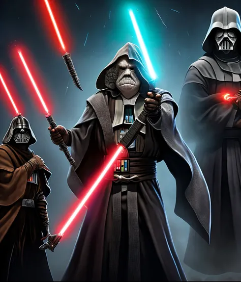 Javier milei como um poderoso sith. Com Sabre de luz vermelho. E ao fundo Bolsonaro e Trump ambos trajados de sith Lords e com sabres de luz vermelhos