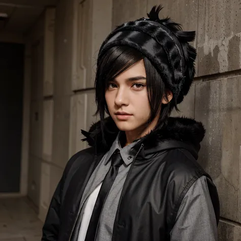 Create a boy character with black hair, dark brown eyes, black and gray coat and a headdress, anime style.