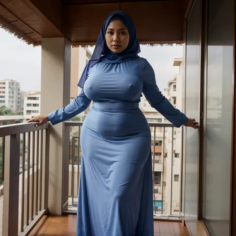 45 Years old, Hijab Indonesian woman, Gigantic boobs : 17.9, wearing Gamis, Tight Gamis, full body, at Balcony Apartment, Seductive pose, curvy body, corrected body, corrected hand, corrected legs.