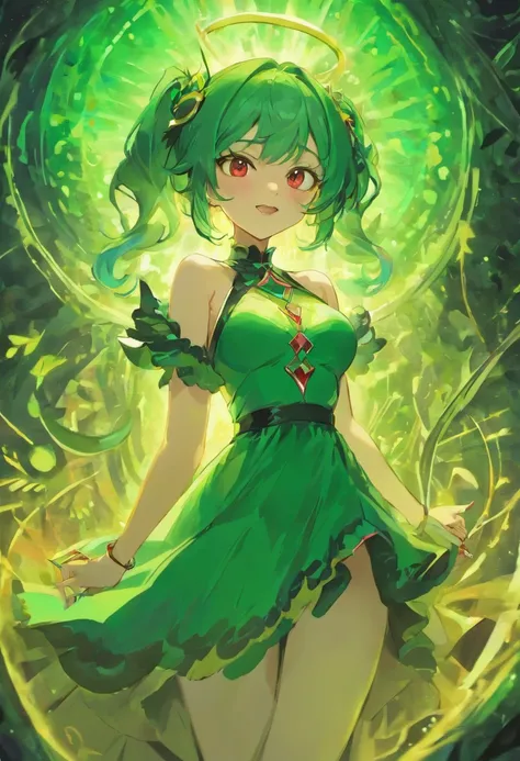 ((Masterpiece)), (Best Quality), ((Super Detail)), Illustration, ((Very Delicate and Beautiful)), ((solo)), Dynamic Angle, Looking back at viewer, anime moe artstyle, (enigmatic and cunning), ((Crimson red eyes)), ((Deep forest green hair)), (bob cut hair)...