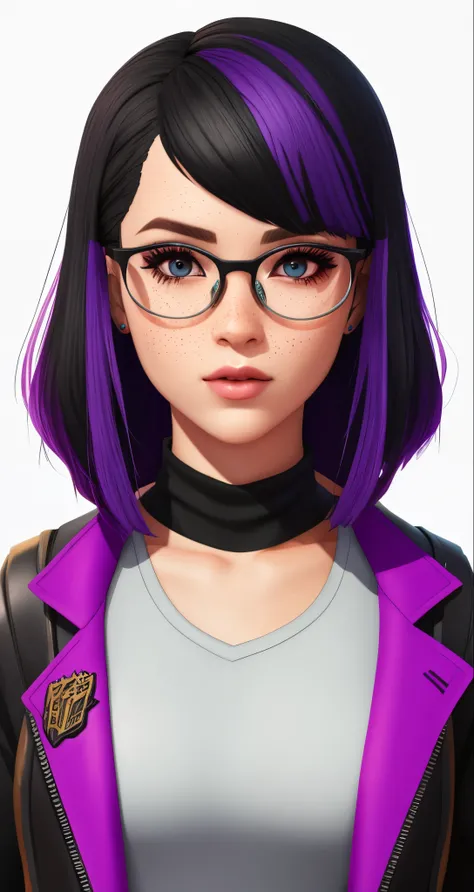 3D Female Fortnite character with black and purple stripped hair with bangs and pale skin with light freckles and black glasses