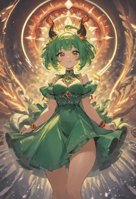 ((Masterpiece)), (Best Quality), ((Super Detail)), Illustration, ((Very Delicate and Beautiful)), ((solo)), Dynamic Angle, Looking back at viewer, anime moe artstyle, (enigmatic and cunning), ((Crimson red eyes)), ((Deep forest green hair)), (bob cut hair)...