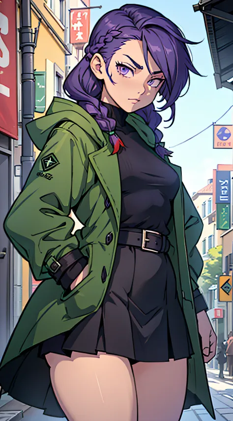 1 girl with short green hair, braided hair, (violet eyes), wearing a large coat and small skirt, thick thighs,