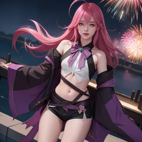 Keera, 1girl, pink hair, hair spread out, hair between eyes, very long hair, bowtie, parted lips, pointy ear, purple eyes, sleeves past wrists, black sleeves, black shorts, belt, detached sleeves, ahoge, heart necklace, navel, smile, looking at viewer, lil...