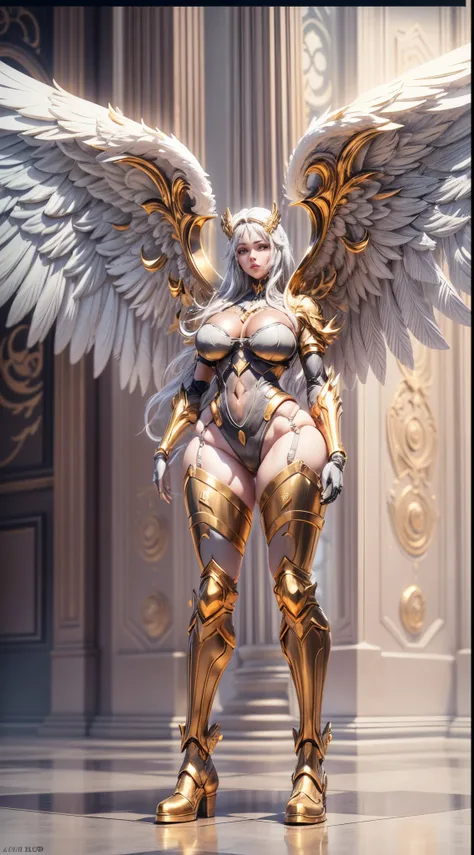 golden theme,(1 mechanical female angel,Oversized wings，Anatomically correct,Full body lesbian,wings,ssmile,Eternal,circular base),she has a very tall, strong, full sexy body，Extra large thick breasts，elongate waist，Exaggerated huge fat buttocks，Extra long...