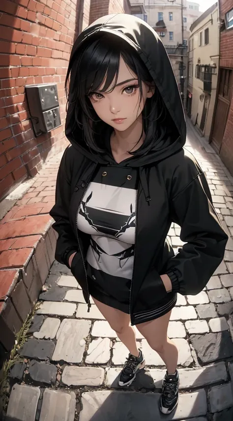 (((8k wallpaper of extremely detailed CG unit:1.2, ​masterpiece, hight resolution:1.2, top-quality:1.2, masutepiece))), ((a very beautiful woman, Street fashion:1.5, Wearing a hooded jacket:1.3, Wearing shoes:1.3, Hands in pockets:1.8)), ((extra detailed f...