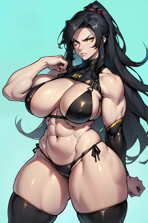 1girl black hair yellow eyes very long hair pale skin angry (((muscular thick thighs huge breasts curvy wide hips))) thin waist string bikini