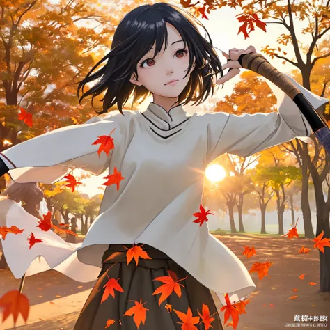 ​masterpiece、top-quality、Movie stills、1girl、a closeup、with light glowing、happiness、Warm soft lighting、the setting sun、(Spark:0.7)、Holding a broom、autumnal、leaves falling、Colored leaves、lawn、a park、By Shinkai Makoto