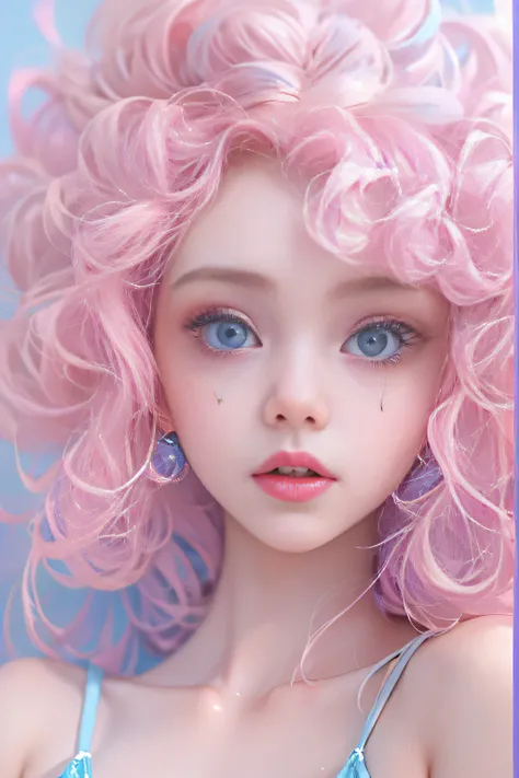 Light blue and pink color scheme，Sexy Girl ，tiny body，Petite，White curly light blue and pink color scheme，Sexy Girl ，tiny body，Petite，white curly hair、translucent wet dress