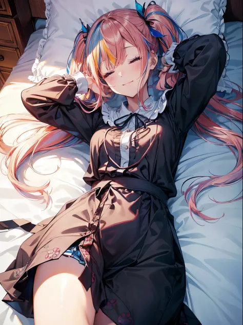 Lying on the bed、Sleeping face、Eyes are closed、(masutepiece:1.3), (8K, Photorealistic, Raw photo, Best Quality: 1.4), Beautiful face, (Realistic face), Beautiful detailed eyes, (Realistic skin), Attractive, Intricate details,Golden ratio, 1 girl,Naughty sm...