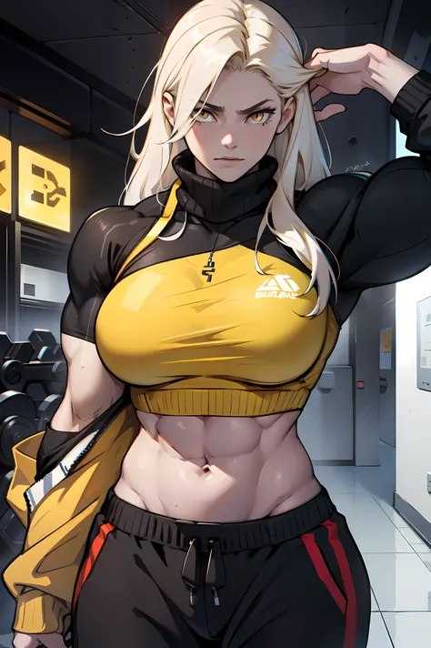 ((1girl bodybuilder)) pale skin black hair very long hair yellow eyes large breasts long sweater sweatpants midriff