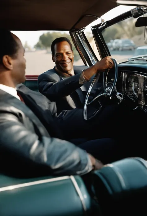 A photo of Simpson taking a scenic drive in a vintage convertible car,original,O.J. Simpson, “The Juice”,  a former American football star, had a commanding athletic build, standing at 6’1” with a strong, muscular frame indicative of his years as a profess...