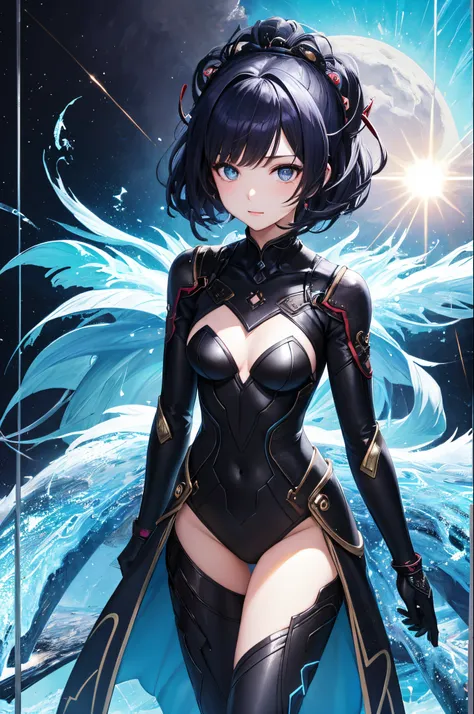 ultra-detailliert、anime illustrated、2D Beautiful Girl、top-quality、Top image quality、​masterpiece、超A high resolution、android beautiful girl、sixteen years old, glowing red cyber suit,short-haired black color、Blue Eyes、A slender、The face is depicted in detail...