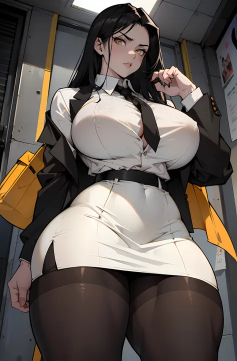 pale skin ((1 girl)) ((((muscular)))), ((huge tits)) ((thick thighs)) ((wide hips)) ((toned body)) ((curvy)) (thick thighs)) (pale skin) black hair very long hair yellow eyes angry (black blazer over white shirt pantyhose pencil skirt)