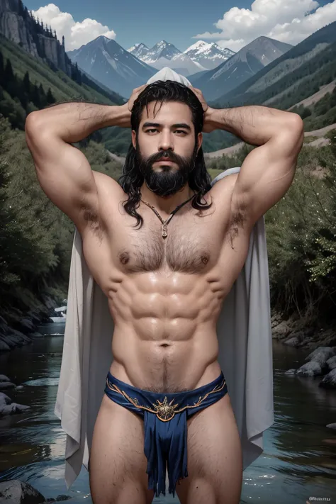 A Greek divine figure with muscular physique and , piel dorada y tez perfecta, rasgos faciales llamativos y cincelados, intensos y penetrantes ojos azules almendrados, labios carnosos y sensuales, cabello largo y suelto cayendo en cascada por su espalda, u...