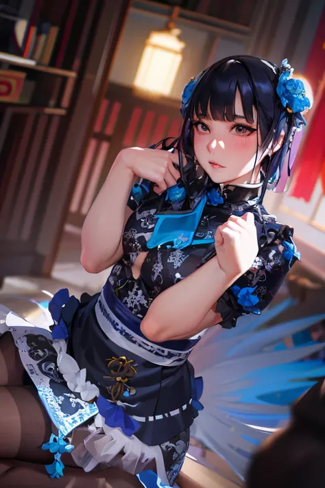 A dark-haired、Blue cheongsam