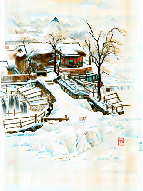 there is a picture，the painting is of a snowy village with trees, distant village background, old village, old asian village, th...