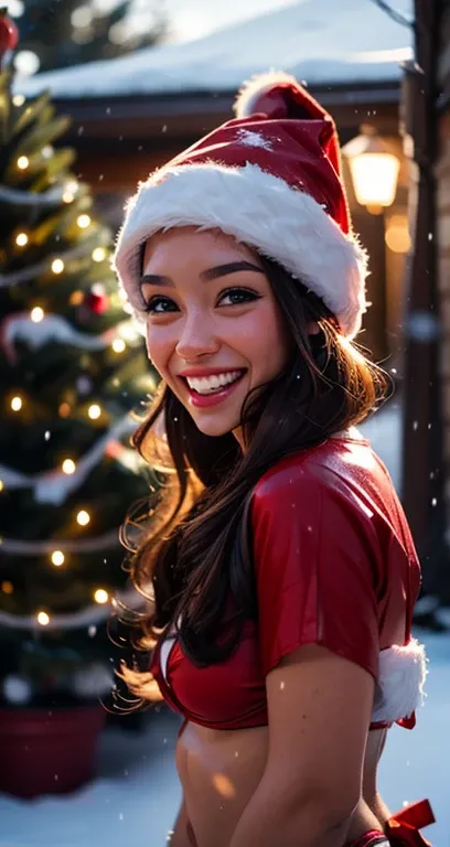 Christmas red bikini, cute red ribbon bow on hair, snow background, Christmas trees background, amazing Christmas lights, big smile, Christmas gifts, 8k cinematic, volumetric lighting, light sparkles particles