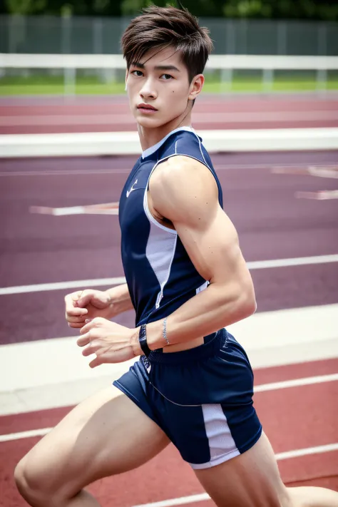 Boys on the track and field，sweat leggs，Photos during exercise，in track outfit，Run，Masculine，Exquisite facial features，virile，musculature，rich facial detail（（The crotch is raised））full bodyesbian