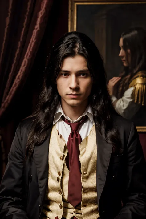 Young English nobleman, late 16th century, Long black hair with tive, tied hair, tailcoat, burgundy coat, Serious expression, portrait, oil painting