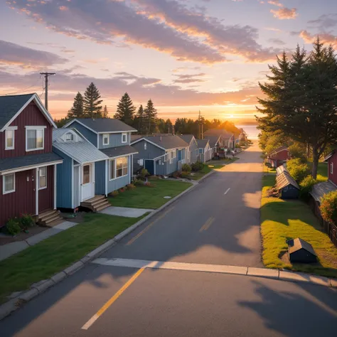 street of a small coastal town, northern USA, small houses at a distance from each other, trees, warm sunset, summer, modern days, soft evening sunlight, realistic, cinematic, warm light, soft colors, ultra quality, hyper realistic