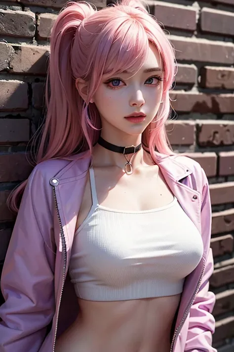 (masterpiece, best quality, 1girl, solo, intricate details, chromatic aberration), realistic, ((medium breath)),long hair, pink hair, red head ornament, pink highlights, hair over one eye,purple eyes, earrings, sharp eyes, choker, neon shirt, open jacket, ...