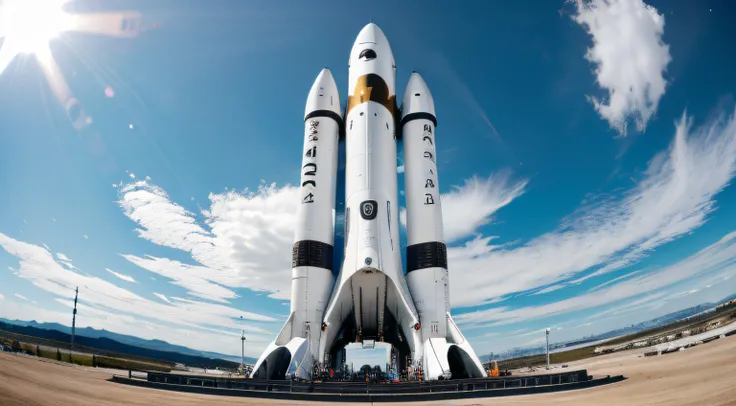 At the launch site of the space base, a huge technological space rocket starts launching, metallic texture, bright picture, different machines, no white clouds, daytime, photography master, details of the space rocket, ultra-wide angle, ultra-wide angle, h...