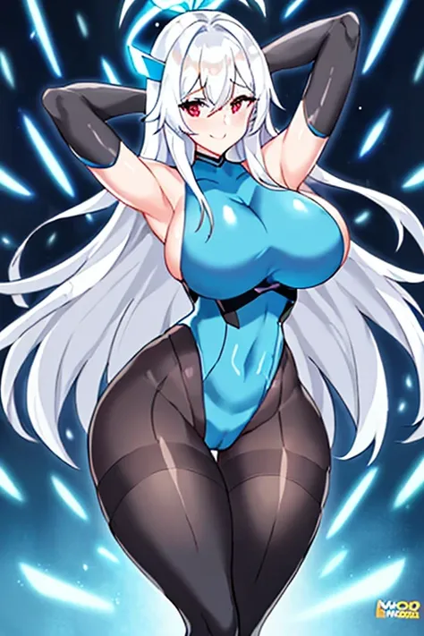 1girl, white hair, large breasts, breasts, thick thighs, wide hips, red eyes, bodysuit, black bodysuit, pantyhose, long hair, light smile, happy, science-fiction, tech, futuristic, black pantyhose, thighhighs, neon, machinery, hair ornament, ornament, neon...