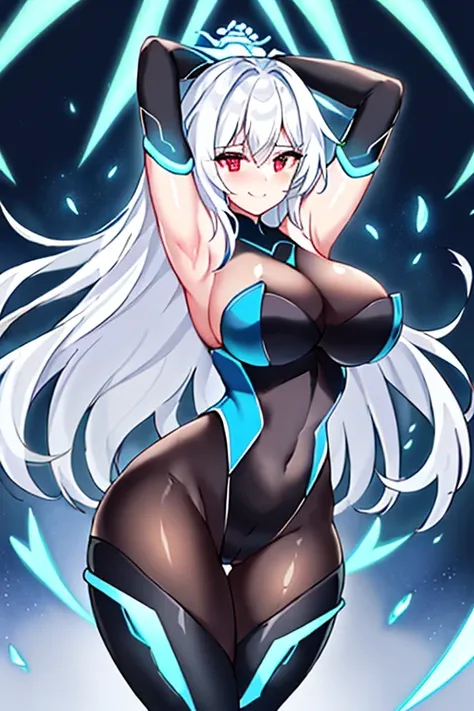 1girl, white hair, large breasts, breasts, thick thighs, wide hips, red eyes, bodysuit, black bodysuit, pantyhose, long hair, light smile, happy, science-fiction, tech, futuristic, black pantyhose, thighhighs, neon, machinery, hair ornament, ornament, neon...