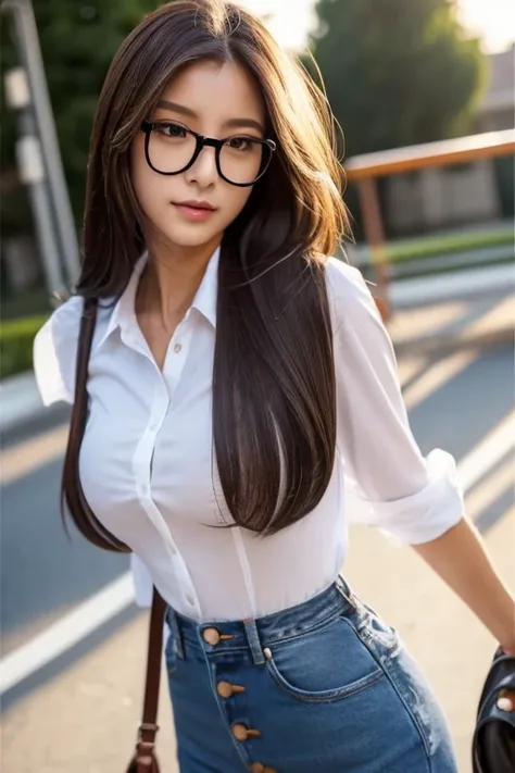 ((top-quality、8K、tmasterpiece：1.3))、Twenty years old、Long gray hair、Focus Clear：1.2、Beautiful woman with perfect style：1.4、Slim abs：1.2、((dark brown  hair、Colossal tits：1.2))、(White button-down long shirt:1.1)、School playground:1.2、Highly Detailed Face and...