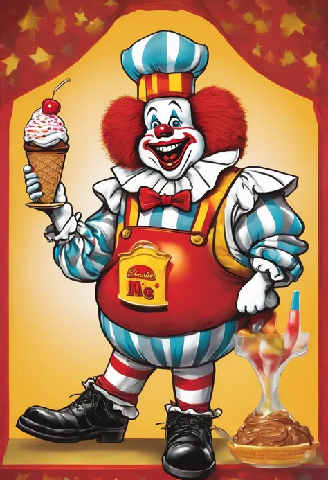 Sleazy McDonalds Clown creating a unique ice cream sundae masterpiece,original,Ronald McDonald