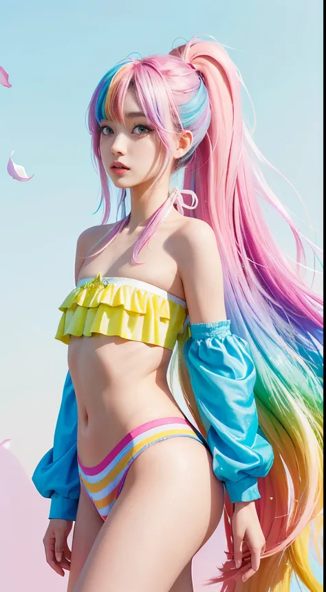 （Pink fashion T-shirt：1.9），（Colorful hair：1.1，extra very long hair，Two meters long colorful hair），（Rainbow all colors：1.8），（（（（Vertical painting：1.6)）），（painting of a：1.6），frontage，comic strip,illustration,painting of a,full body shot shot。largeeyes,crysta...