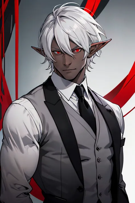 White hair, Mature male, Elf, Butler, grey skin, Muscular, Muscular Male, black shirt, suit vest, dress shirt, red suit jacket, control wires, red eyes, perfect face great quality, high quality, colored skin, grey skin, Drow, dark elf