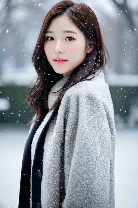 realistic photos of (1 cute Korean star) Shoulder-length hair, thin makeup, medium breasts size, wearing coat, in the snow, clear facial features, 8K high resolution, sharp and realistic details.from outside, Eye-Level Shot, f/4.0, 135mm, Fujifilm, jpeg ar...