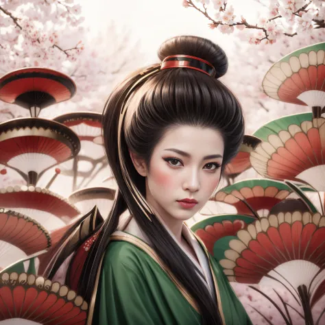 a geisha with long black hair, wearing a bun on her head, full lips, beautiful eyes, silky and pale skin, wearing a green kimono, is standing in a field of giant cherry blossoms, a beautiful realistic art, Portrait of a beautiful geisha, Geisha portrait, B...