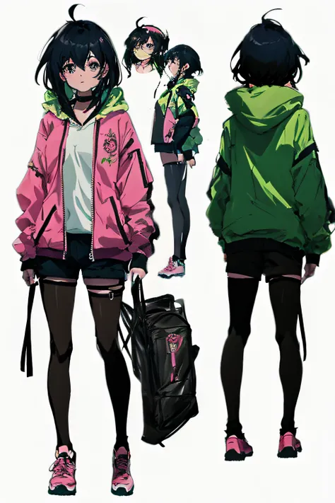 a woman name April in a green and pink jacket and black shorts, anime full body illustration, anime moe artstyle, high quality anime artstyle, full body portrait of a short!, black haired girl wearing hoodie, anime style. 8k, guweiz, cyberpunk anime girl i...