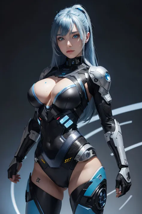 Female cyborg,blue hair,blue eye,black and grey and blue costume