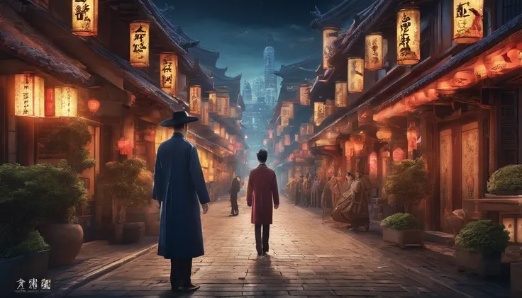 Very beautiful man 3D，Walking in the city late at night，Large depth of field perspective，chinese fantasy，Dreamism，Vivid effects and details，Excellent picture quality，A high resolution