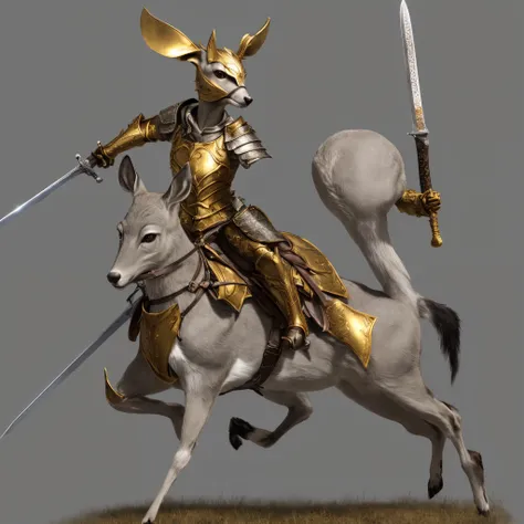 Grey doe in golden armor with a sword action pose