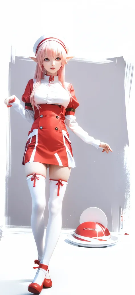 Anime girl in red and white uniform with frisbee, Anime girl cosplay, Cosplay, Anime Barbie in white stockings, Anime Cosplay, v from devil may cry as an elf, red and white, sexy pudica pose gesture, cosplay foto, intriguing outfit, white red, high quality...