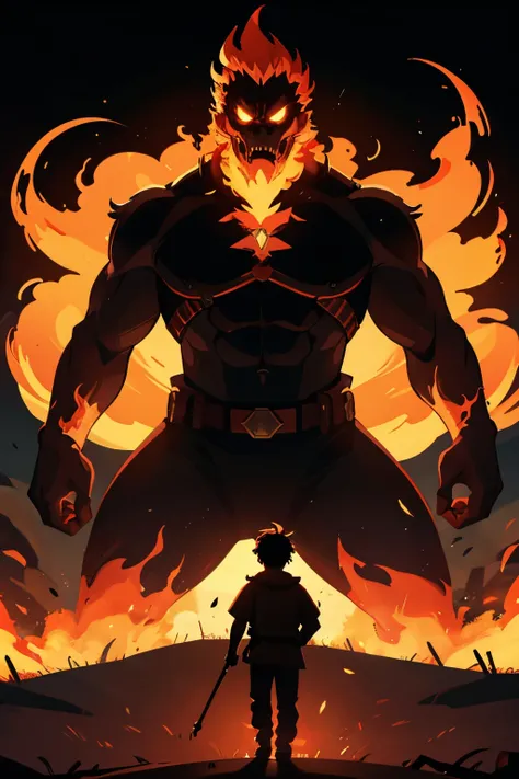 1 big fire monster, emerging from a kingdom, scary. 1 silhouette of a boy, seeing him