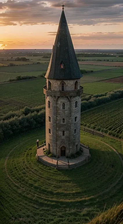 a wizard tower in the middle of the fields, beautiful sunset