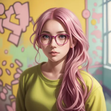 anime girl with pink hair and glasses in front of a wall, Retrato NFT, estilo de arte realista, fanart menina urbana, estilo de arte loish, No estilo de arte de Bowater, kawaii retrato realista, realistic anime art style, arte de anime realista, retrato es...