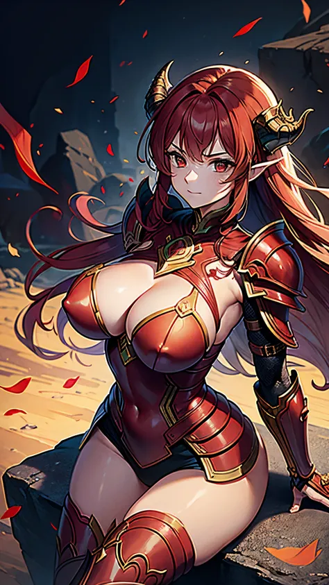 Girl Wars, stands on a stone, look forward, arms under the chest, embraces herself, big breastes, red fantasy armor, dragon armor, Dragon scales, long fiery red hair, Cyan eyes, closed mouth, Against the background of meadows