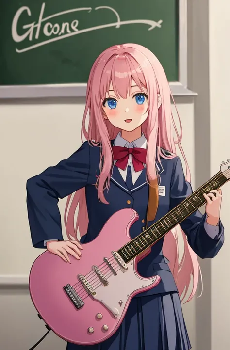 school, guitar, uniform, girl, hair pink, long hair