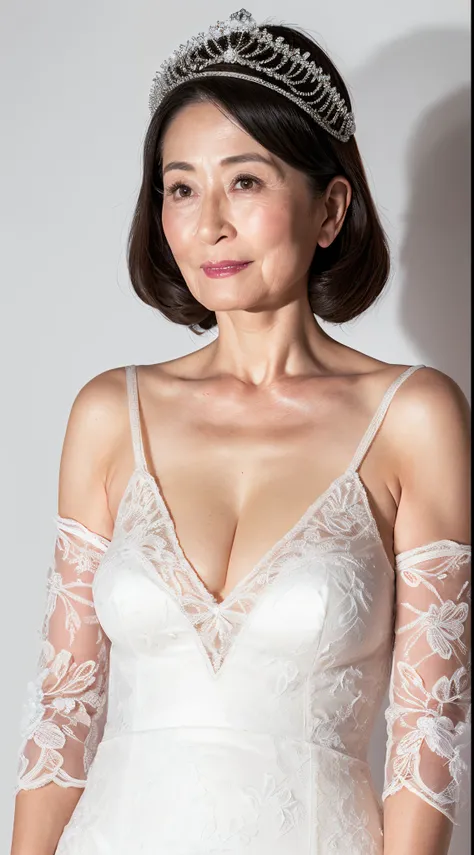 Remove Background, gravure, point of view, Wearing a tiara, from the chest up, masterpiece, Best Quality, Ultra-detailed, Photorealistic, super detailed skin, Perfect Anatomy, (1 japanese mature woman), (Solo), 95 years old, Large breasts, Mature Woman Pol...