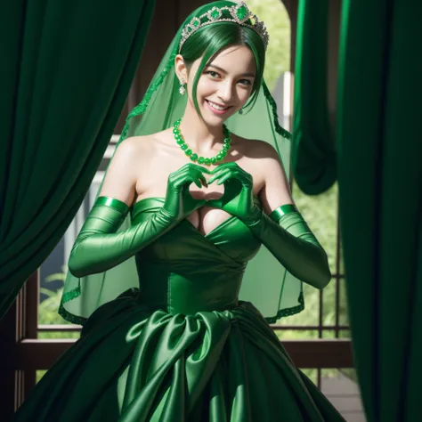 emerald tiara, Green Pearl Necklace, Boyish very short green hair, lipsticks, Japan woman smiling, very short short hair,  big breasts beautiful, Green eyes, Long green gloves made of satin material, Green eyes, Emerald Earrings, green vale, Heart with bot...