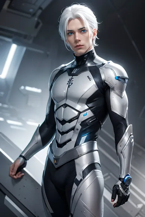 Male cyborg,white hair,blue eye,grey and silver costume